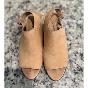 Lucky Brand Obelia Women Camel Leather Peep Toe Slingback Block Heels 7 BOHO